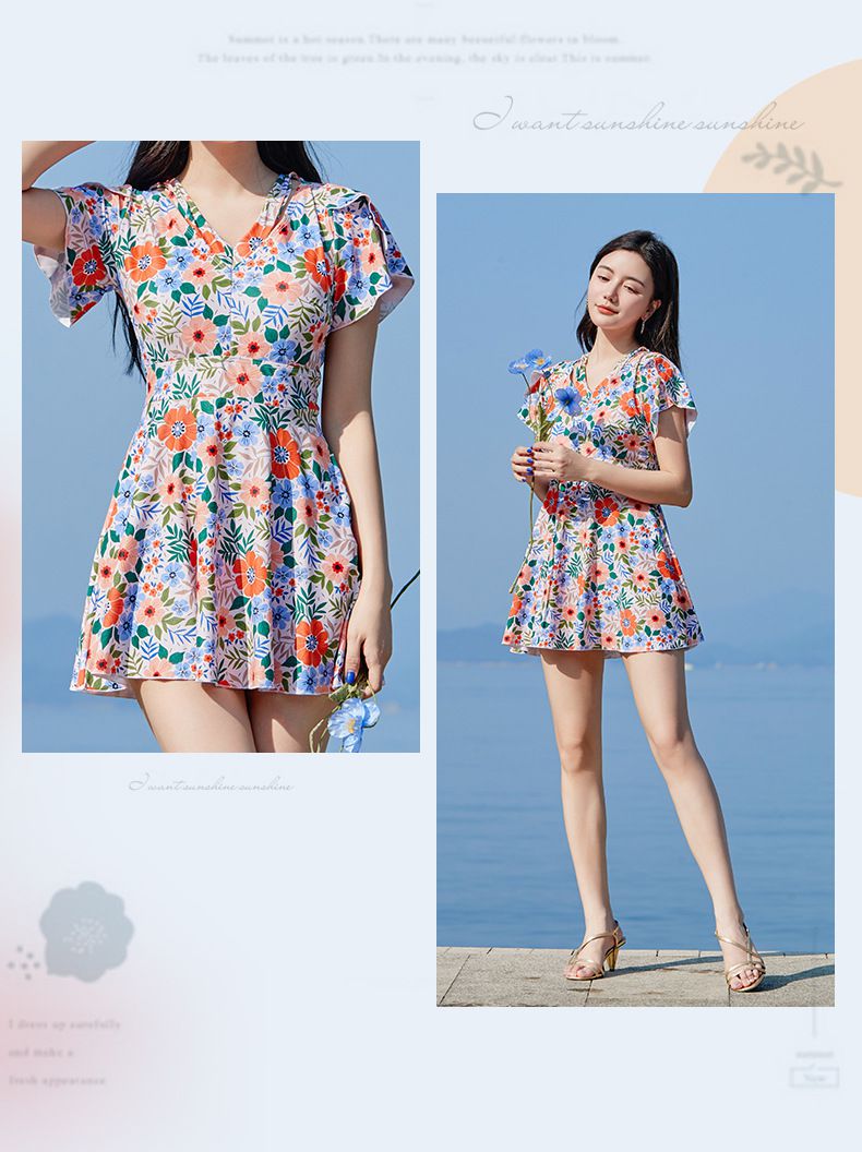 甜美碎花修身顯瘦遮肉連身裙泳衣-滿版花花-深藍+橘