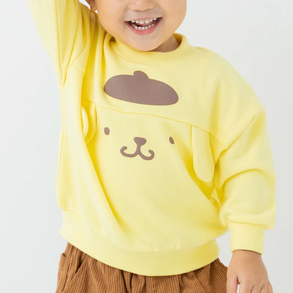 限量聯名 裏毛印花大學長袖上衣-卡通三麗鷗-大臉布丁狗-黃