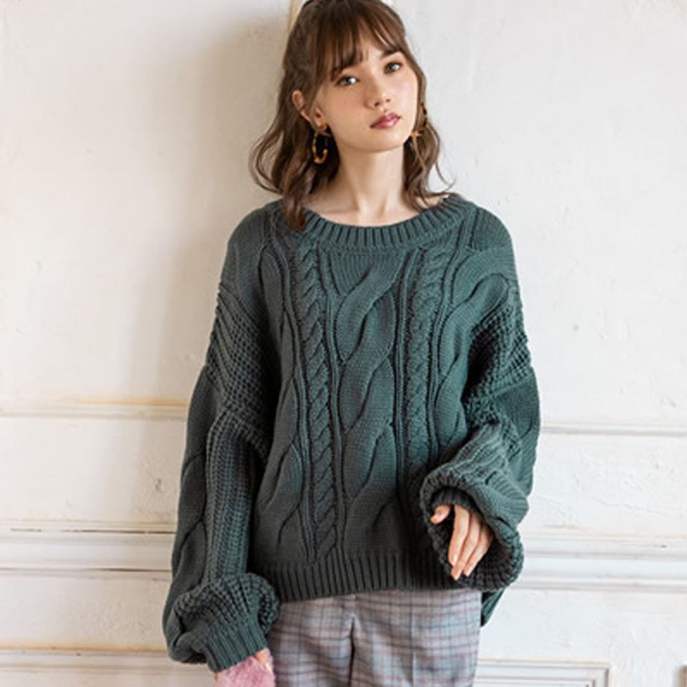 日本 GRL - 不規則編織紋圓領針織毛衣-綠