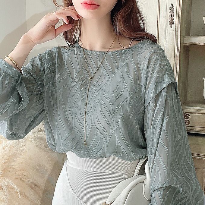 日本 Classical Elf - 波光粼粼刺繡透膚2way長袖襯衫-冰河藍