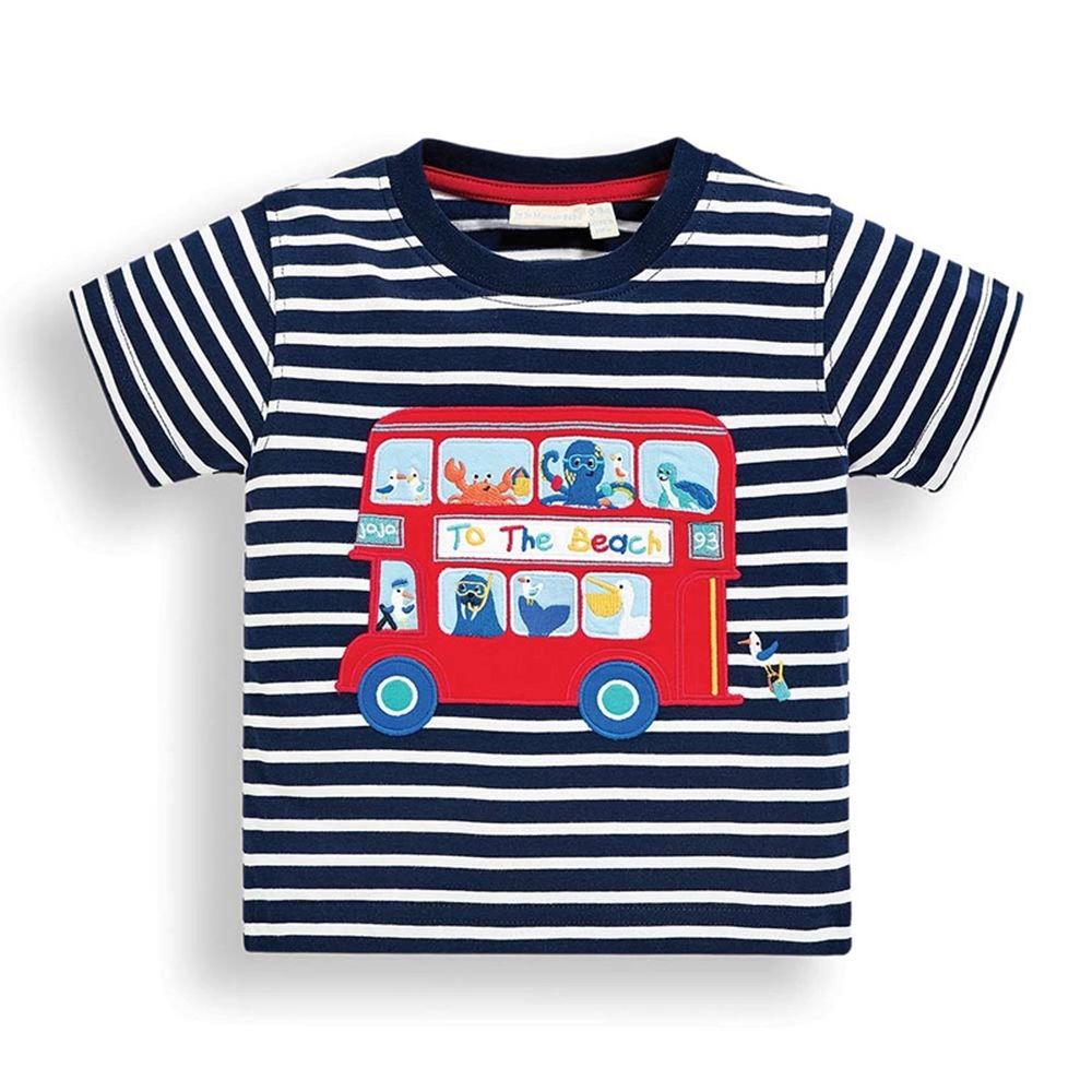英國 JoJo Maman BeBe - 超優質嬰幼兒/兒童100％純棉短袖上衣/T-shirt/動物T-條紋巴士