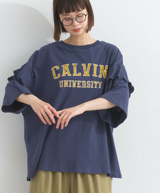 日本 Lupilien - 接觸冷感 學院風印花荷葉寬袖上衣-橘