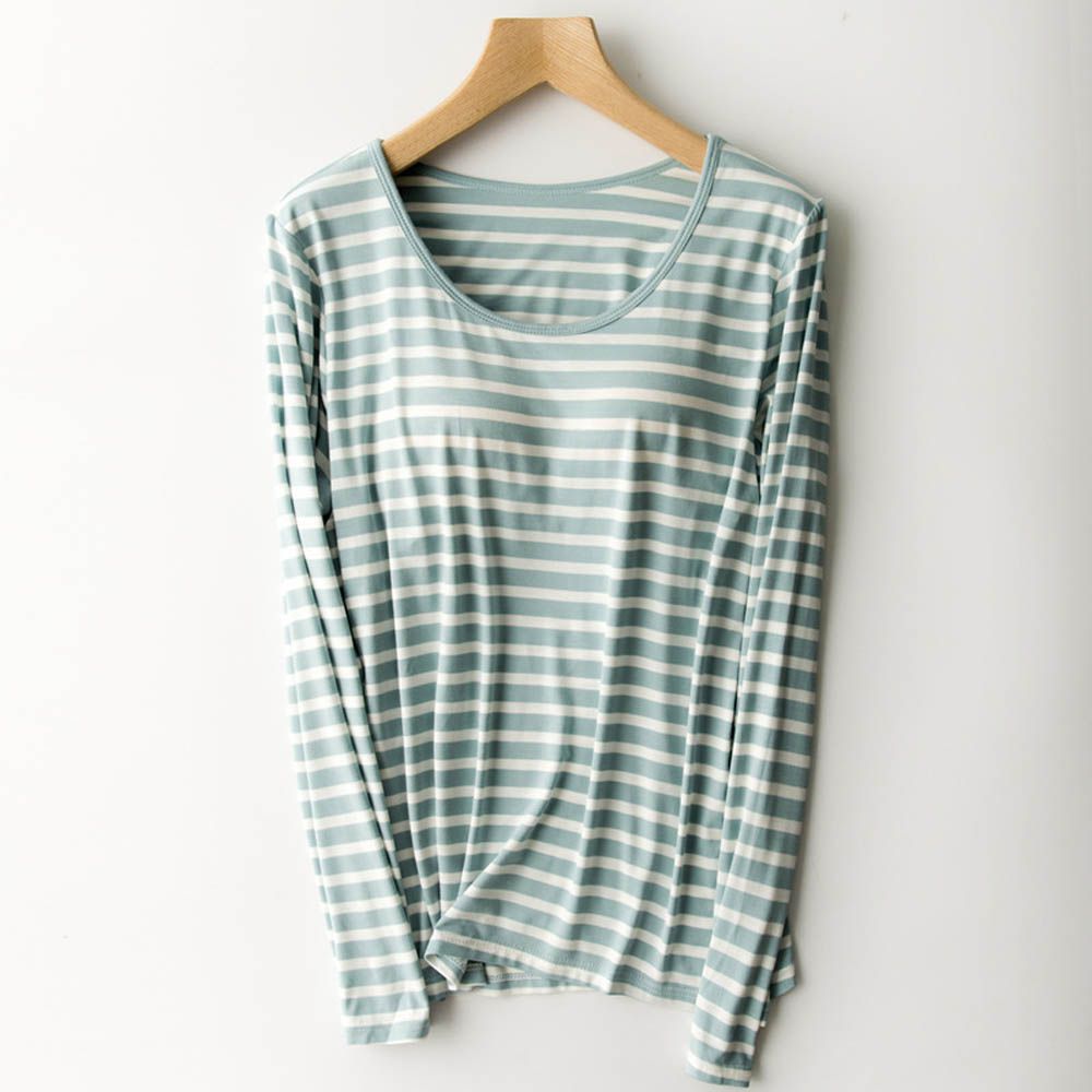 莫代爾柔軟長袖Bra T-綠白條紋