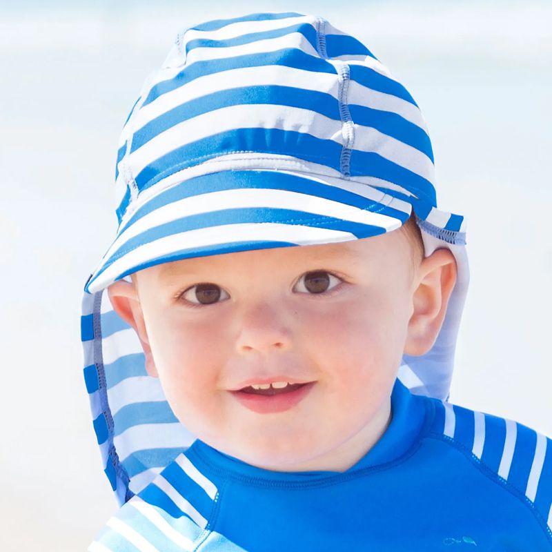 英國 JoJo Maman BeBe - 嬰幼兒/兒童泳裝戲水UPF50+防曬護頸遮陽帽-水藍條紋