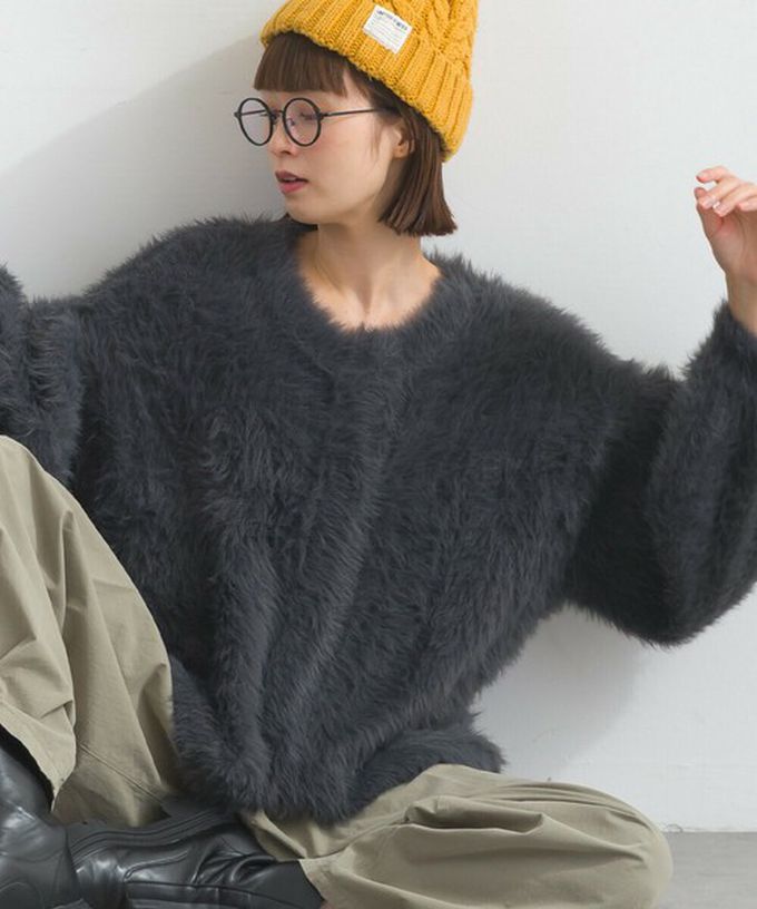 日本 Lupilien - 柔和蓬鬆毛海繭型針織開襟衫/外套-米白