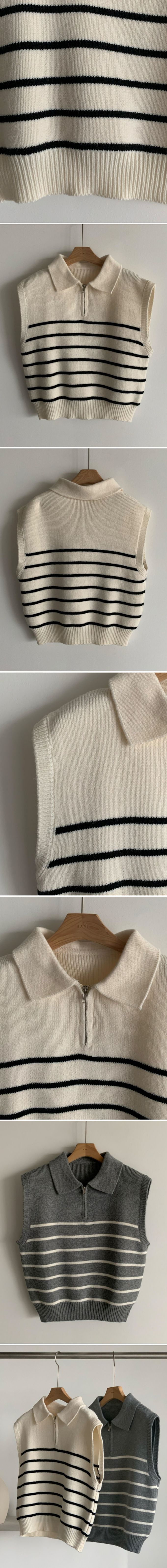 韓國女裝連線 - 拉鍊翻領條紋針織背心-米白 (FREE)