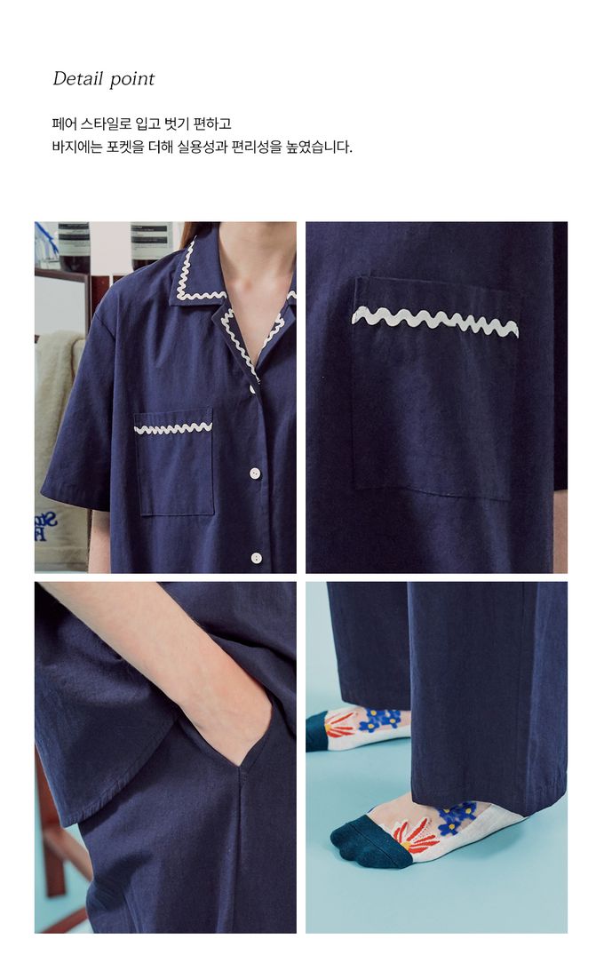 韓國 ULLALA - (情侶款)經典純色短袖長褲睡衣套裝-女款-深藍 (FREE)