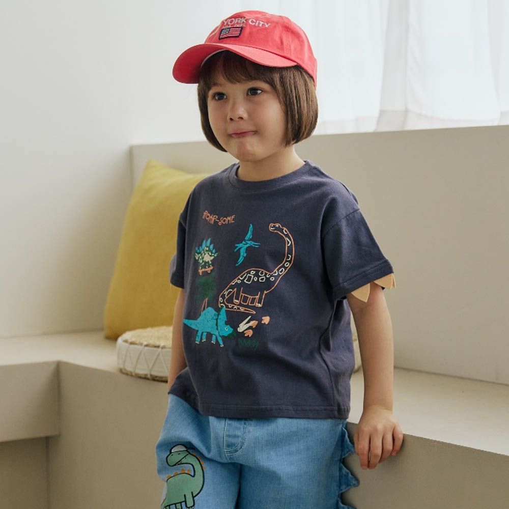 塗鴉恐龍角角裝飾短袖上衣-黑灰