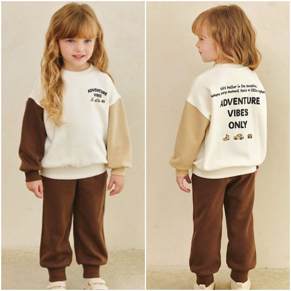 (內刷毛)文字圖案拼色長袖套裝-米X杏X咖啡