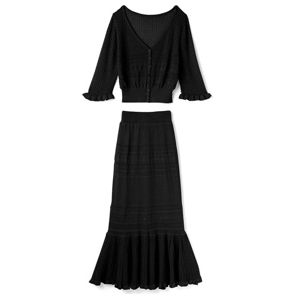 日本 GRL - 針織鏤空 V領五分袖上衣 X 魚尾長裙套裝-時尚黑