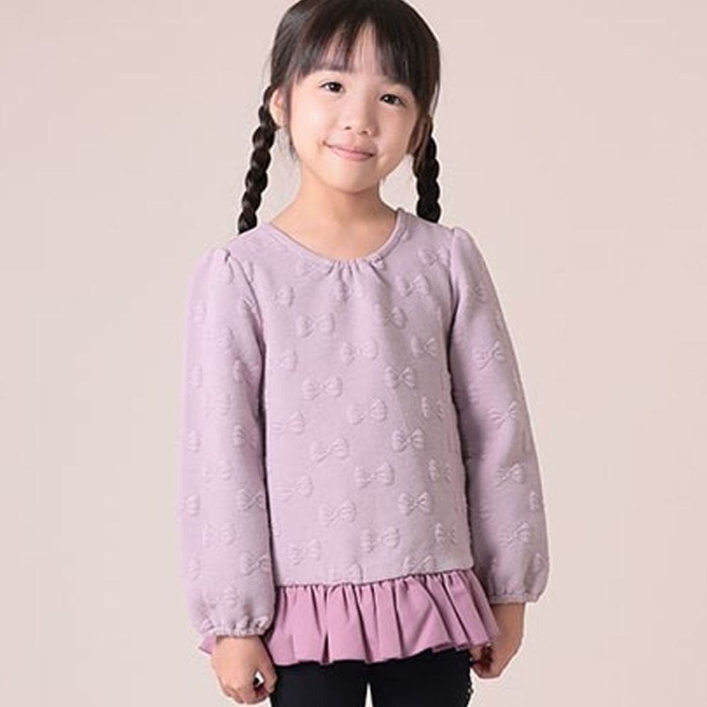 日本 TORIDORY - 立體蝴蝶結造型荷葉衣襬長T-灰紫