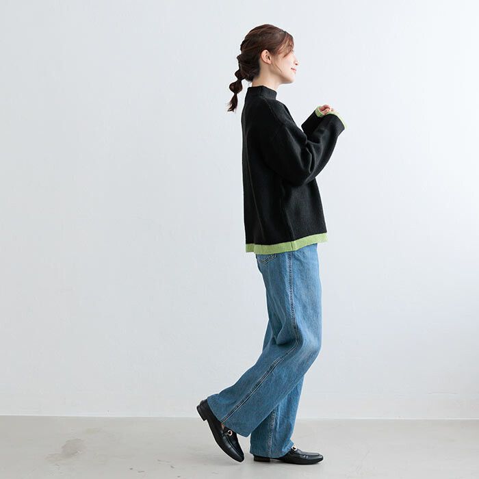 日本 ihuu - 下擺撞色立領針織毛衣-芥黃x杏