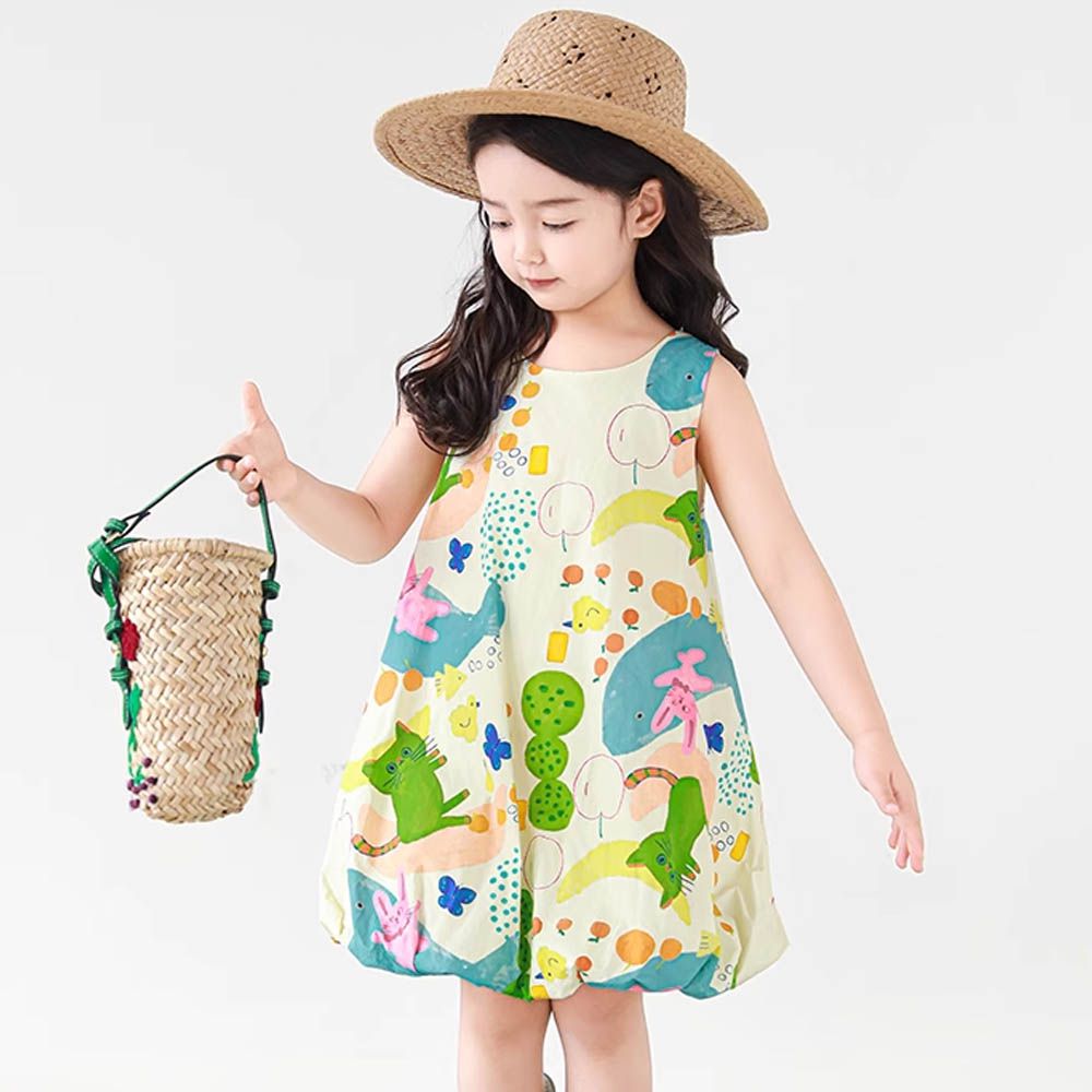 純棉透氣無袖花苞洋裝-趣味塗鴉-米杏
