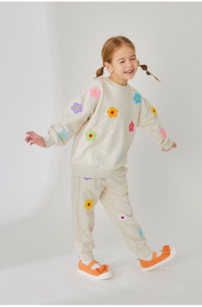 韓國 OZKIZ - 繽紛花朵休閒長袖套裝-燕麥