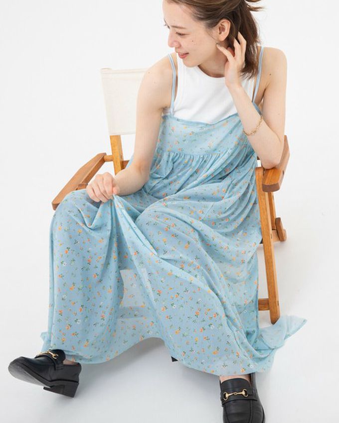 日本 gleam - 前後2way浪漫小花細肩帶薄紗洋裝-象牙米