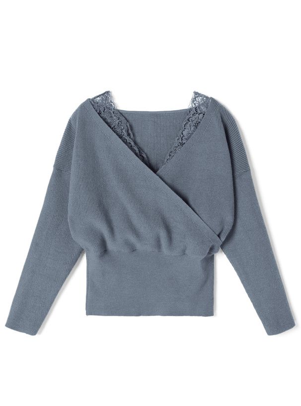 日本 GRL - 蕾絲V領縮腰針織上衣-知性黑 (M)