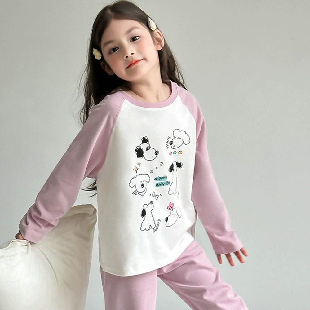 純棉柔軟長袖家居服套裝-卡通印花-粉色