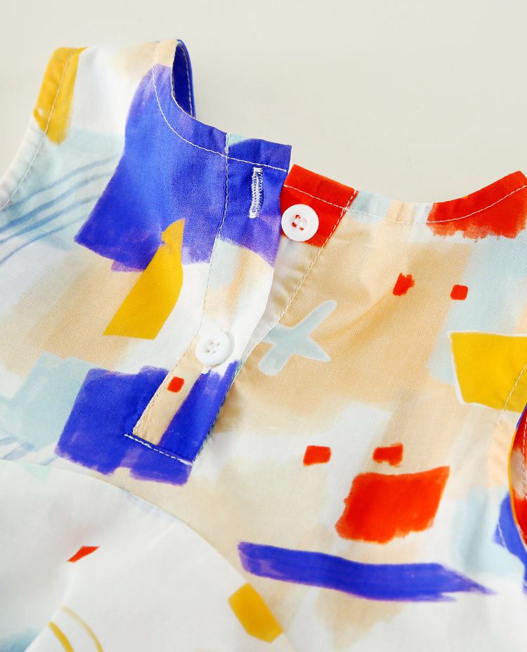 純棉油畫風無袖連身洋裝-拼色幾何-杏色