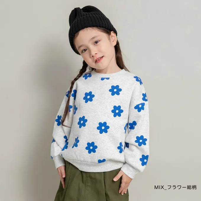 日本 BRANSHES - 裏起毛 可愛女孩縮口長袖上衣-滿版愛心-粉紅