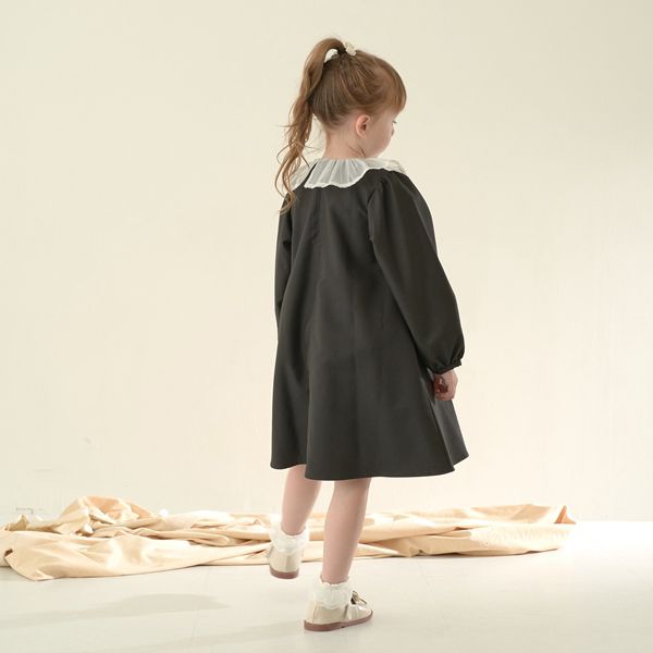 日本 Lycee mine - 薄紗領光澤面料長袖洋裝-粉紅