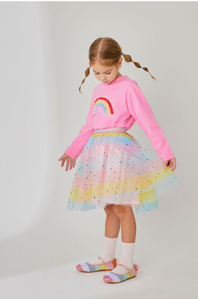 韓國 OZKIZ - 鬆緊腰滿星亮片多彩網紗裙