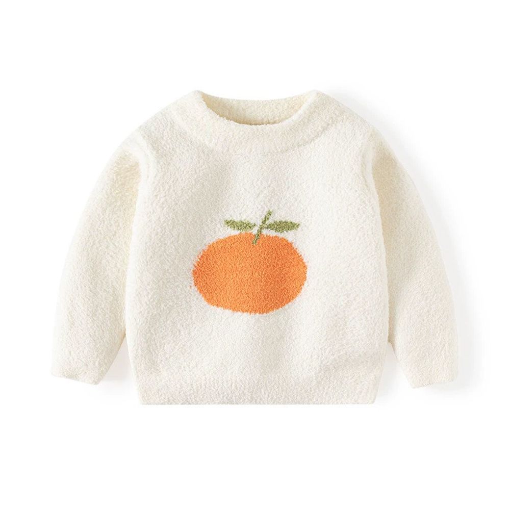 珊瑚絨針織長袖上衣-橘子-米白