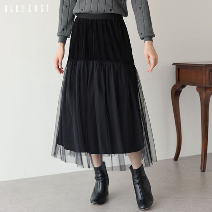 日本 BLUE EAST - 薄紗絲絨拼接飄逸長裙-(可選長度)-深藍