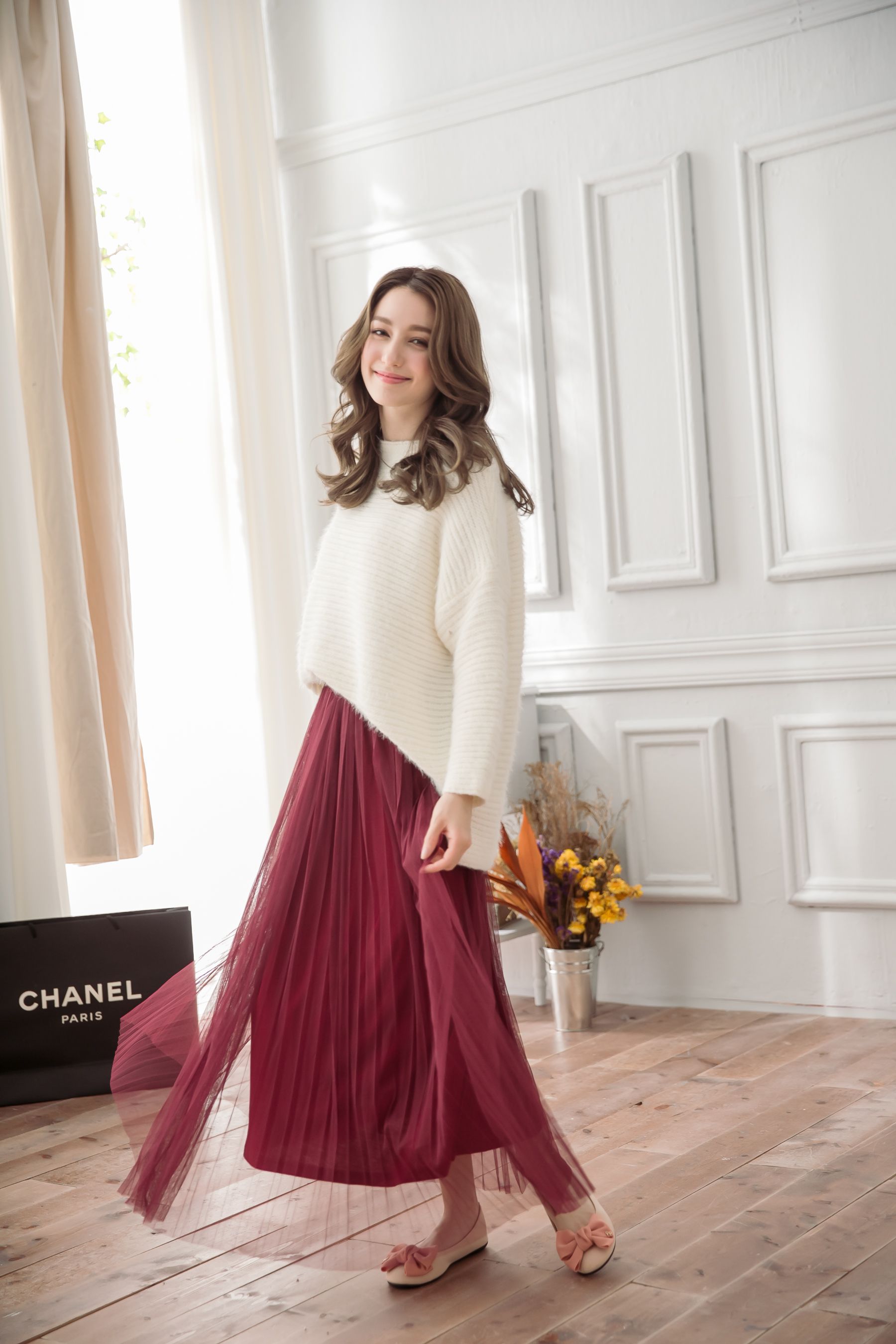 Peachy - 獨家訂製綿柔優雅綁帶百褶紗裙-綁帶百褶版-葡萄酒紅 (F)