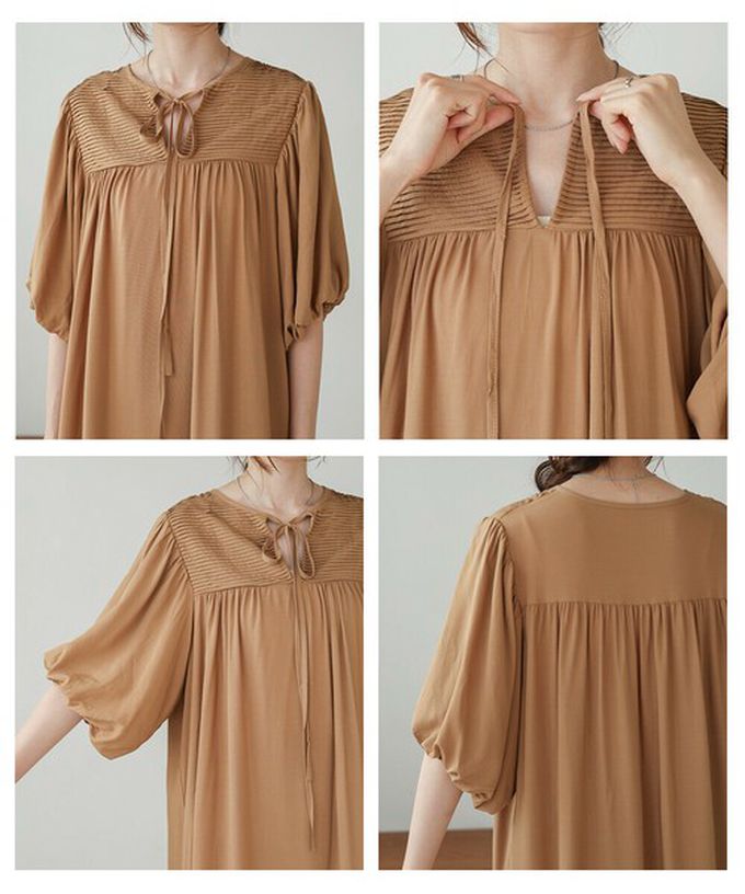 日本 Bab - 領口休閒綁帶泡泡短袖洋裝-經典黑 (M)