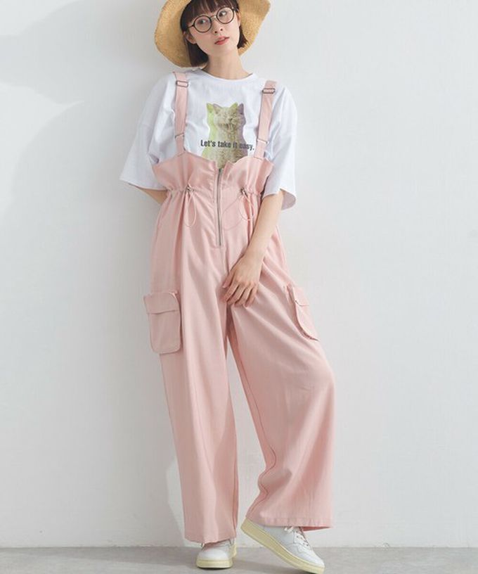 日本 Lupilien - 柔軟可愛抽繩束腰工裝風吊帶褲-粉紅