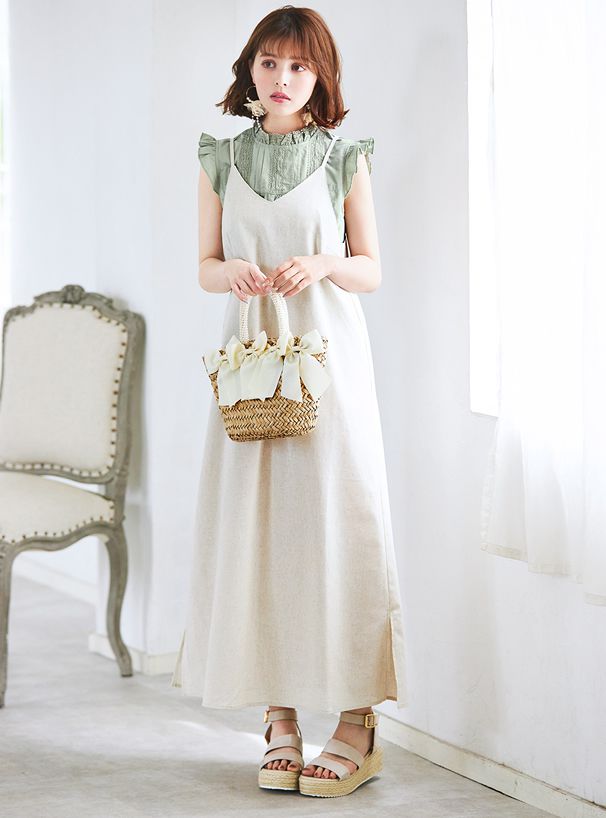 日本 GRL - 荷葉袖無袖上衣 X 細肩帶吊帶裙套裝-淺綠X米白