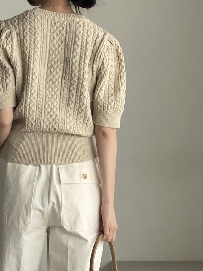 韓國女裝連線 - 麻花辮編織五分袖針織上衣-卡其 (FREE)