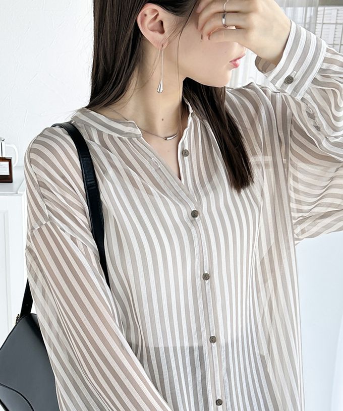 日本 Classical Elf - 透膚優雅休閒條紋寬版襯衫-黑米系