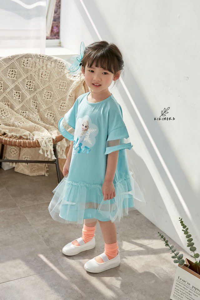 韓國 kikimora - 寬袖Elsa魚尾網紗洋裝-湖水綠