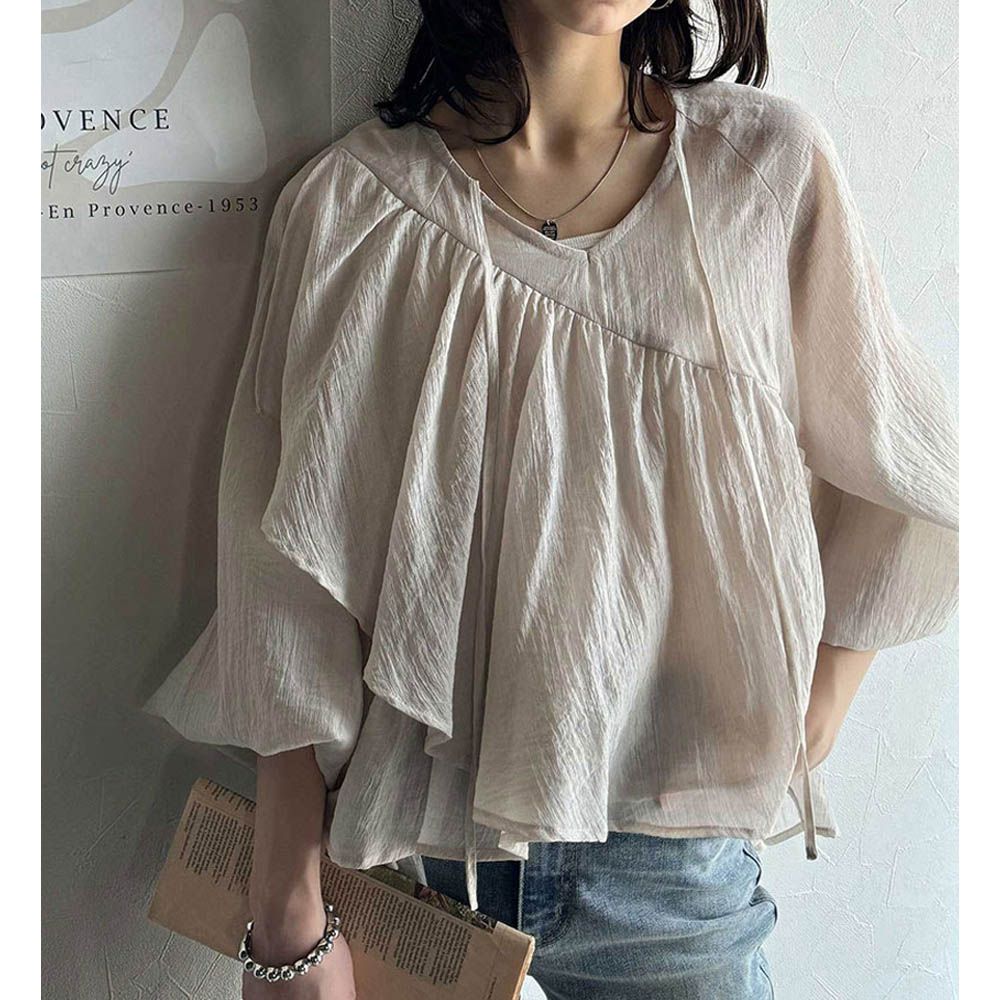 清新飄逸不對稱荷葉長袖上衣-淺杏