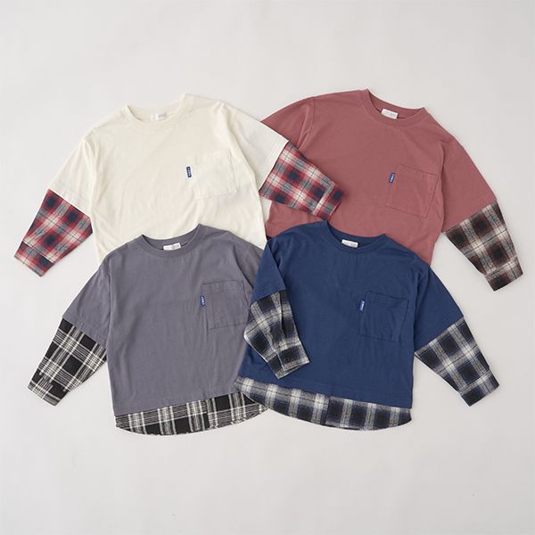 日本 b-ROOM - 假二件寬版大口袋長袖上衣-海軍藍x灰格紋