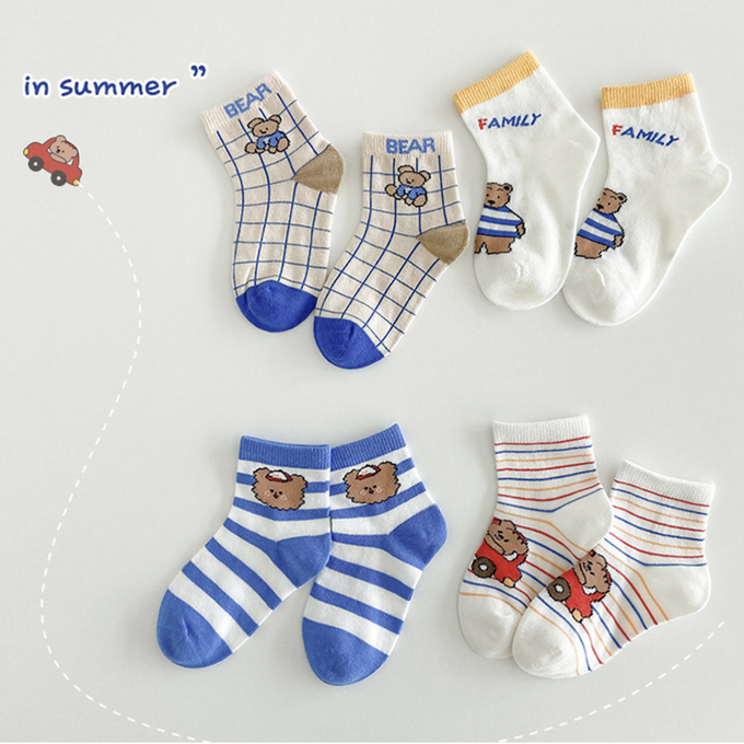 love, charlotte - 小熊家族薄款短筒棉襪-4 雙一組