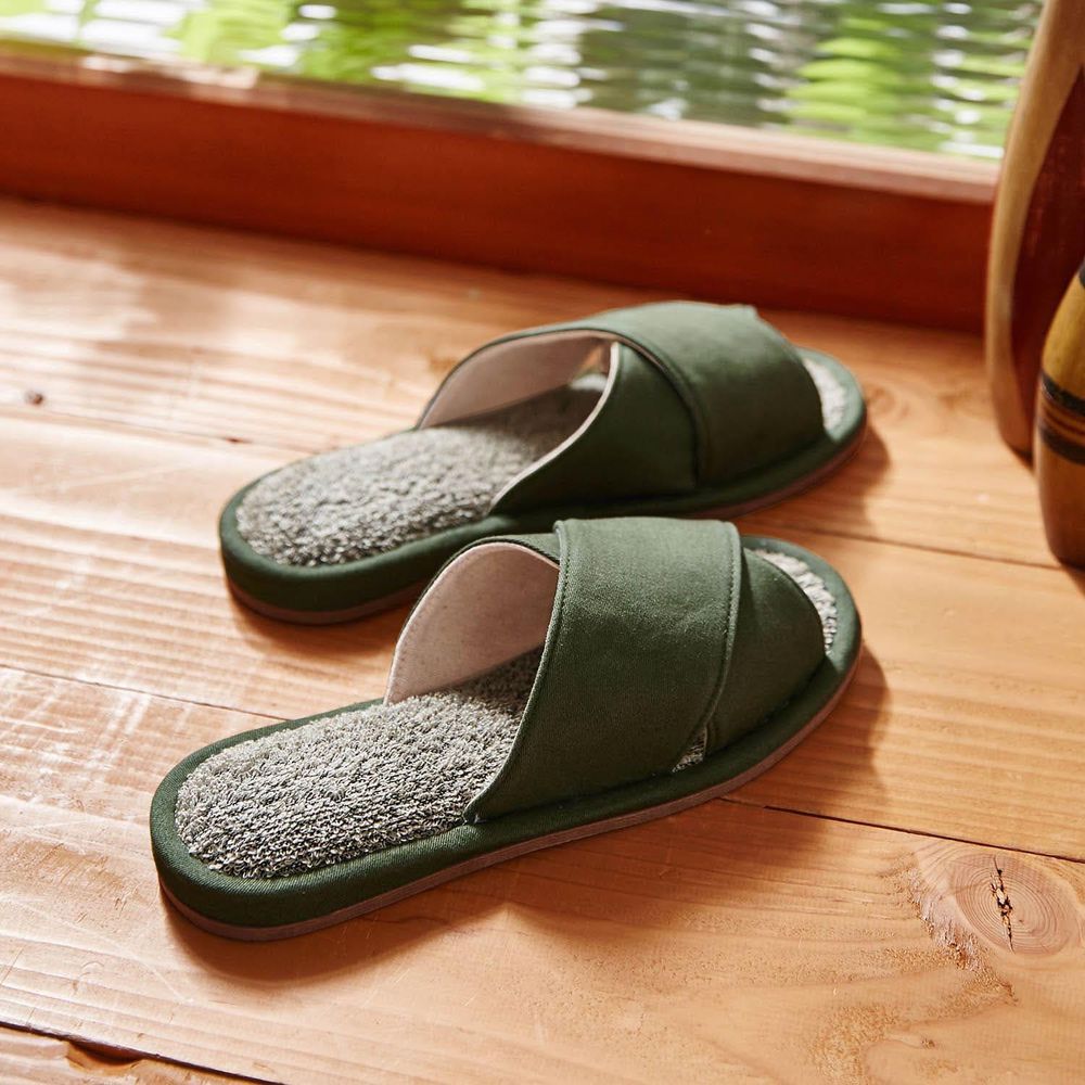 日本千趣會 - 棉麻透氣舒適小絨毛室內拖鞋-墨綠 (23-25cm)