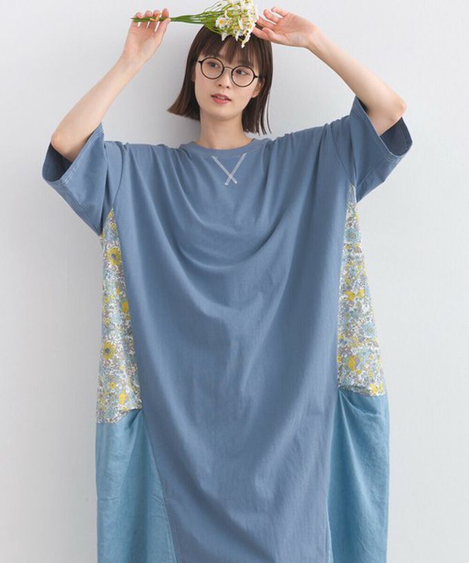 日本 Lupilien - 異素材花朵拼布清新五分袖洋裝-黑