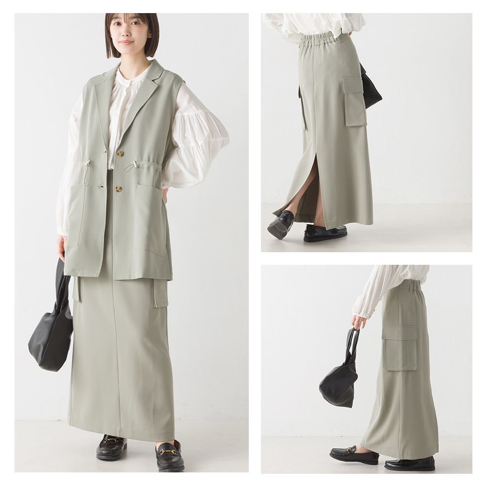 日本 OMNES - 修身後鬆緊側口袋長裙-沙杏