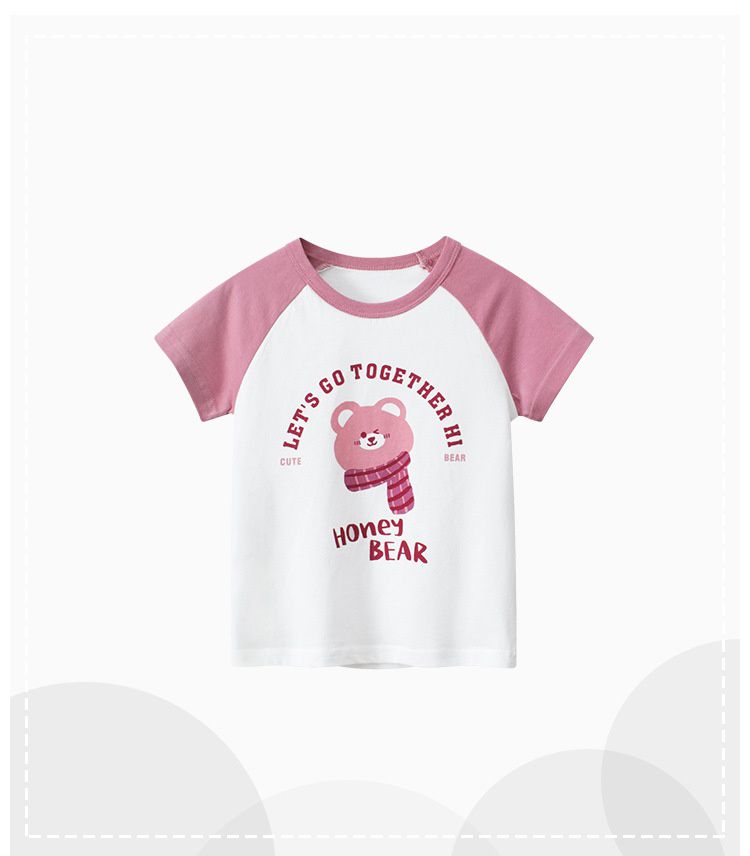 純棉短袖上衣-圍巾熊熊-玫紅+白