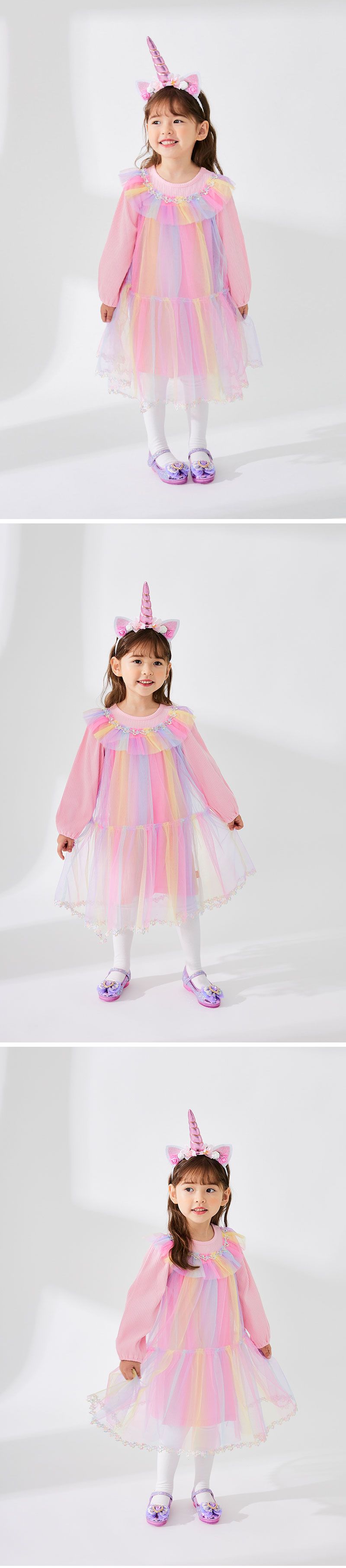 韓國 OZKIZ - 彩虹仙子網紗洋裝(附髮飾)-粉