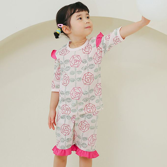 正韓 Puco - 超優質嬰幼兒/兒童七分袖100% 有機純棉家居服/睡衣-玫瑰花園