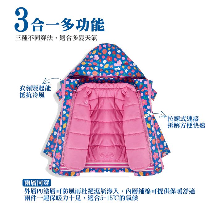 英國 JoJo Maman BeBe - 三合一多功能防水保暖外套-草莓花圃