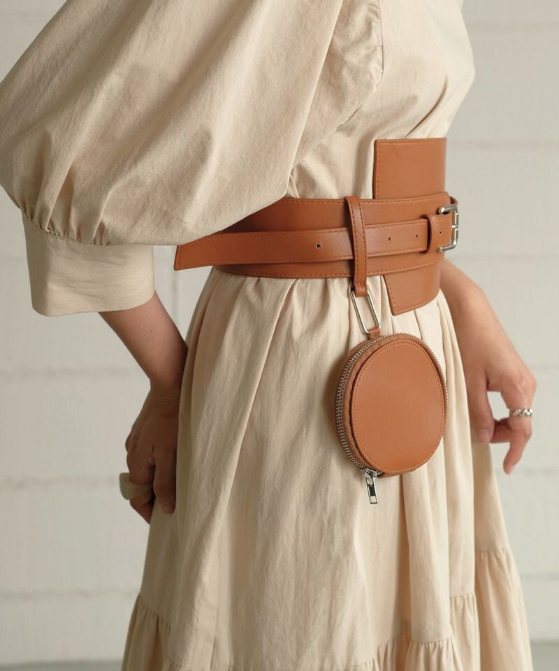 日本 Bou Jeloud - 設計感仿皮腰封腰帶-附同色系零錢包-焦糖