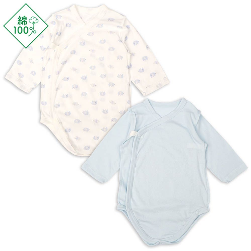 輕鬆方便長袖包屁衣2件組-前開式 大象-淺藍色