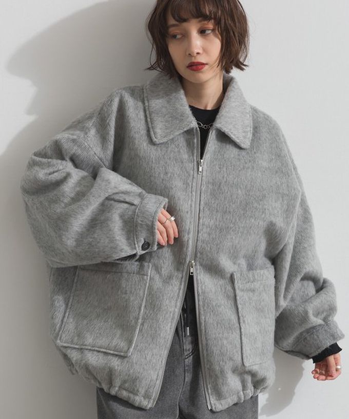 日本 ELENCARE DUE - 毛海感寬版雙拉鏈大口袋保暖外套-象牙白