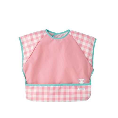 日本 Combi - mini 食事圍兜-短袖款-小熊格紋-粉紅 (L [90-100cm])-12個月起
