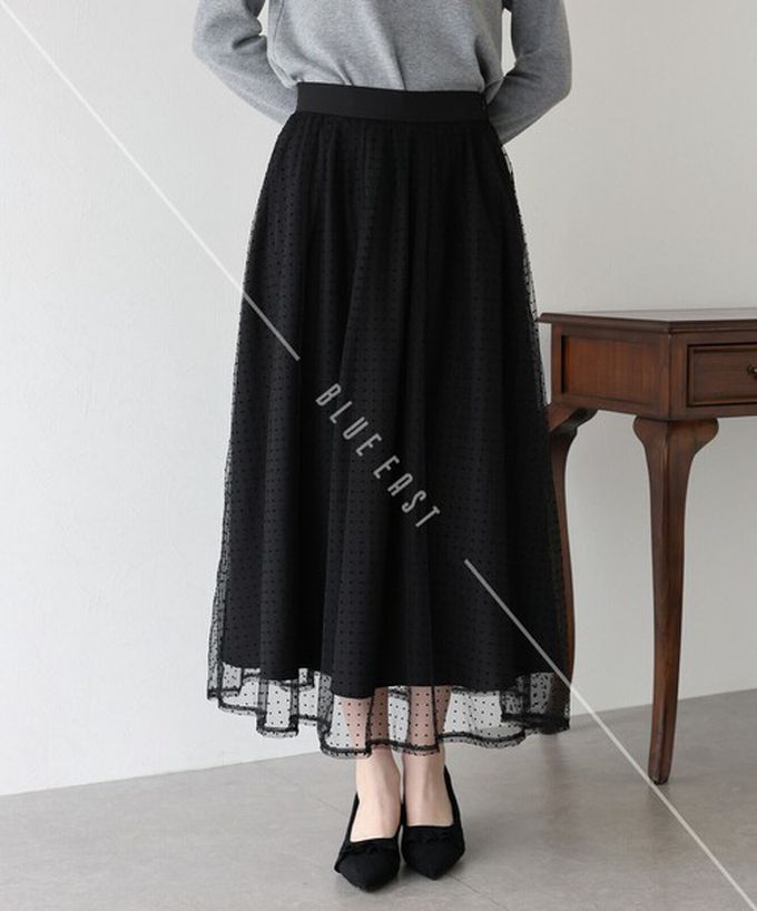 日本 BLUE EAST - 華麗雙層薄紗魅力長裙(可選長度)-格紋-黑