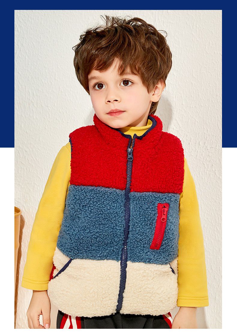 羊羔絨兒童保暖背心-拼色款-白+藍+紅